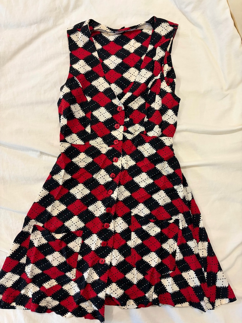 Red, Black & White Sleeveless Button-Front Mini Dress